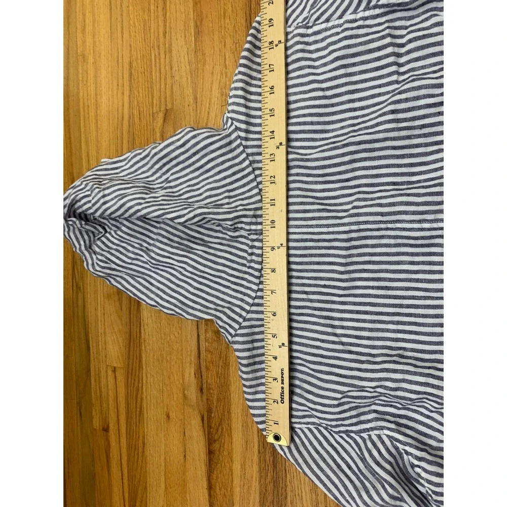 Tahari 100% Linen Striped Hooded Button Down Shirt Jacket Blue White Large